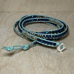 Blue‎ and Silver Beaded Leather Wrap Bracelet